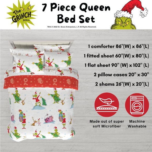 Grinch by Dr. Seuss Holiday & Christmas 7 Piece Queen Size Comforter Sheet Set - Picture 3 of 8